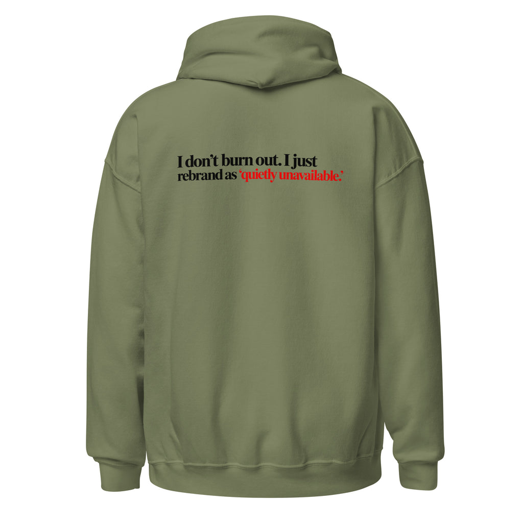 Hoodie "Quietly Unavailable", cor verde militar, costas