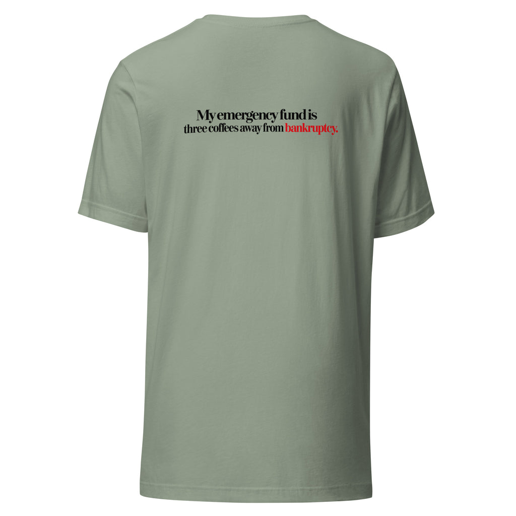 T-shirt "My Emergency Fund", cor verde sálvia, costas