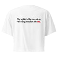 T-shirt Cropped "My Wallet Is Like An Onion", cor branca, costas